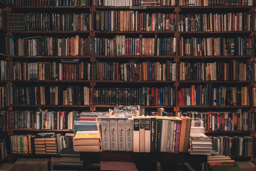 Bookshop shelves arranged with curriculum books, literature, and study materials